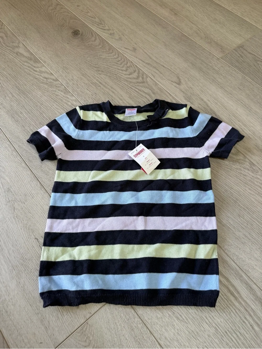 Gymboree Black Striped Short Sleeve Top with Pastel Blue, Pink & Green